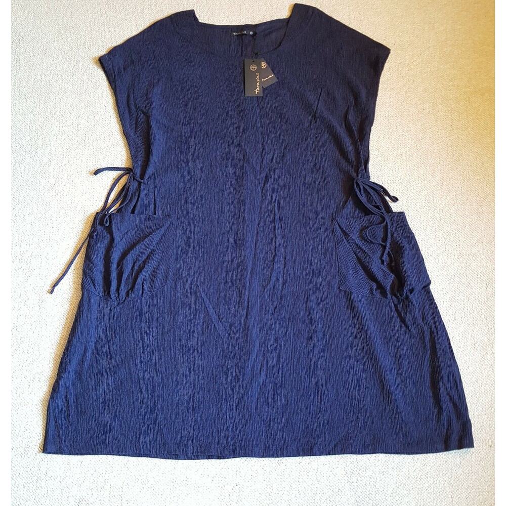 NWT $189 Womens Dress-TARA VAO-navy blue crinkled tencel stretch w/ties ss-3XL